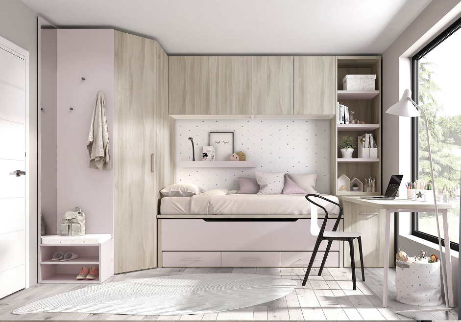 Composición juvenil cama abatible con armario y escritorio, cómoda