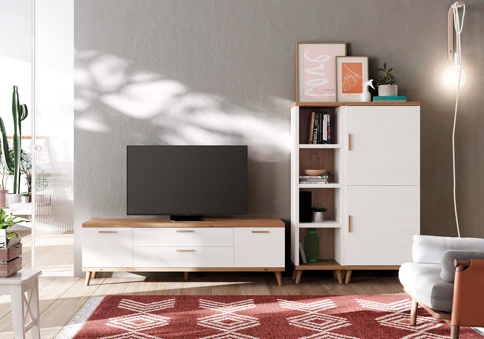 Mesa de televisor hecha de madera con detalles en color blanco