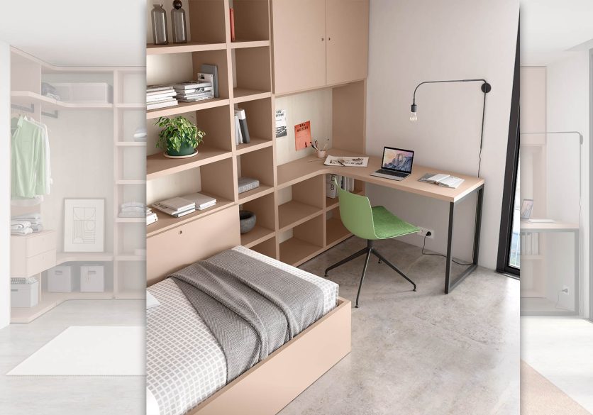 Habitacion completa con escritorio y cama hechos de madera