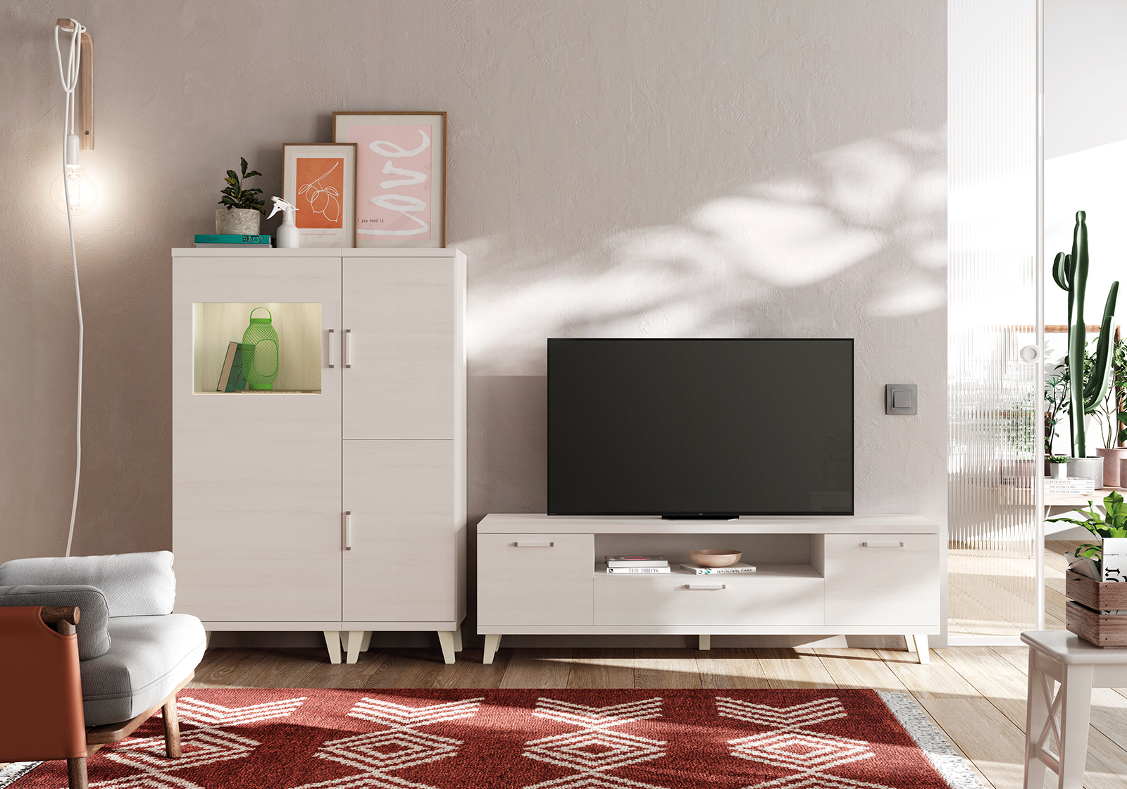 mueble para tv blanco en salon con alfombra roja
